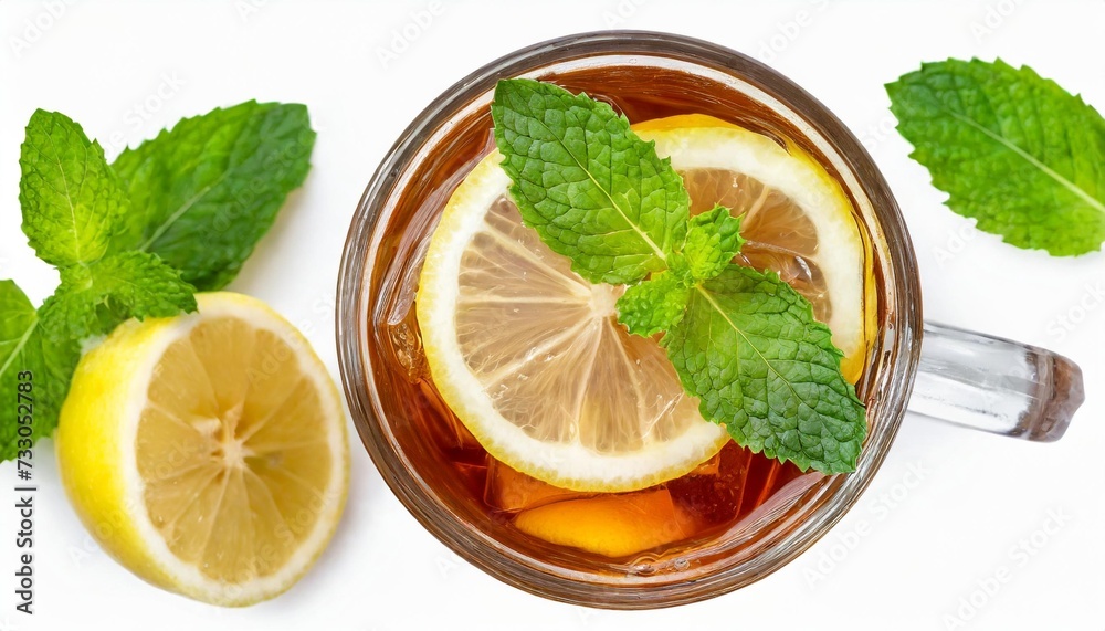 ice lemon tea with mint top view isolated on white background clipping path included ice lemon tea with mint top view isolated on white background clipping path included