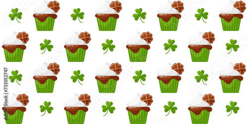 Patrick's Day seamless pattern with cupcakes with whipped cream, gingerbread and green clover leaves. Background with muffin, cake in cup with holiday design, vector flat cartoon illustration
