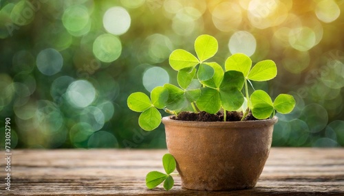 green clover plant in pot on wooden table with bokeh light background