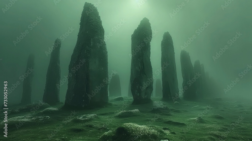 Megalithic stones and Celtic landscape in the fog. Background celebrating St. Patrick's Day Patrick.