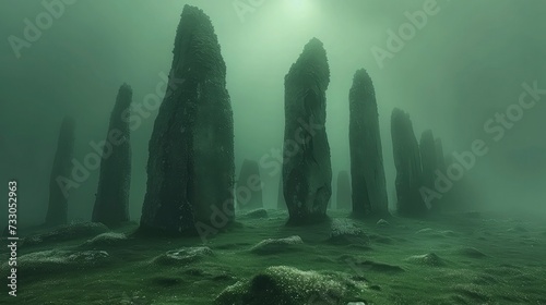 Megalithic stones and Celtic landscape in the fog. Background celebrating St. Patrick's Day Patrick.