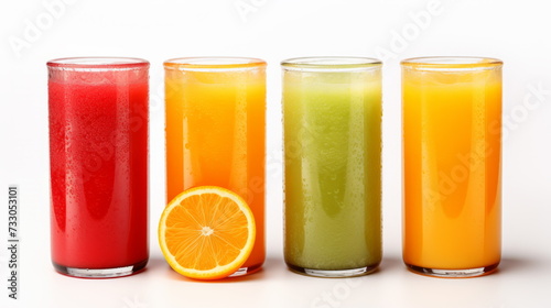 Colorful Array of Fresh Fruit Juices - A vibrant selection of freshly squeezed juices in a row, from red to green, with a halved orange for a pop of color