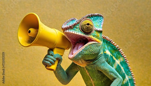 a happy chameleon holding a yellow megaphone speaking in it with yellow solid background genertive photo