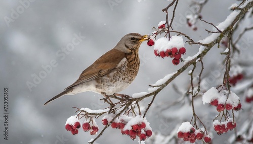hawthorn branches with ripe fruits are covered with freshly fallen snow against a gray sky on one of the branches sits a fieldfare thrush and holds a hawthorn fruit in its beak