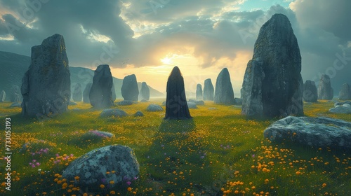 A man stands among megalithic stones and a Celtic landscape. Background celebrating St. Patrick's Day Patrick. photo