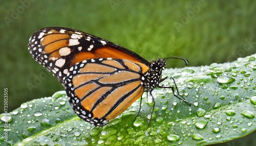 colorful monarch butterfly on green leaf in water drops © Debbie