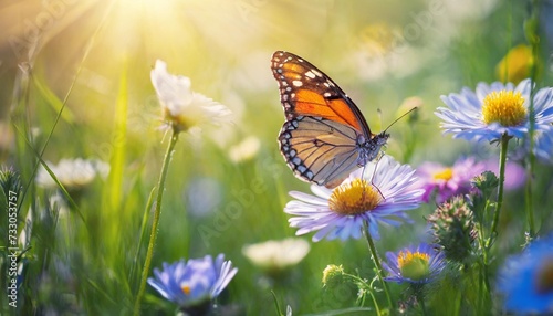 beautiful wild meadow field with bellis perennis flowers and butterfly in the rays of sunlight in summer in the spring perfect natural landscape a picturesque colorful artistic image with a soft focu © Debbie