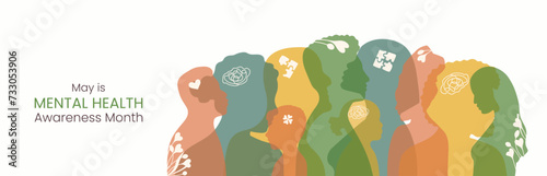 May is Mental Health Awareness month. Diversity silhouettes of adults and children of different nationalities and appearances. Colorful People contour in flat style