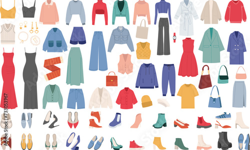 set of women's clothing, collection on white background vector photo