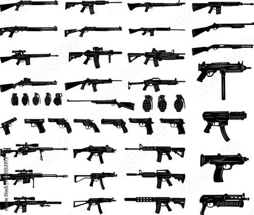 set of weapons, machine guns, pistols, grenades silhouette on a white background vector