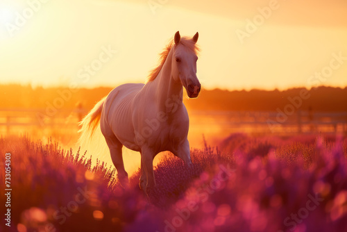 Horse free run in purple lavender flowers agaist sunset sky. photo
