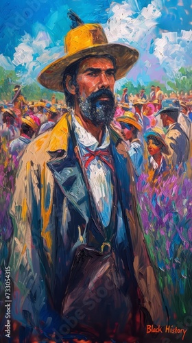 African American man in field wearing yellow hat and red scarf