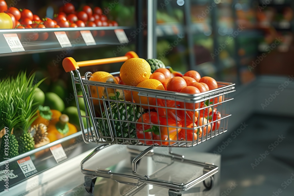 Ready shopping cart full of fresh fruits. Generative AI