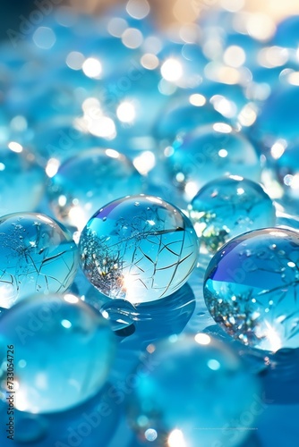 Blue glass marbles with a reflection of a tree and the sky inside them