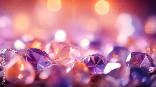 Purple diamonds scattered on the table with a blurred background