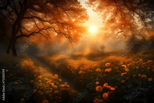 sun in morning with trees and flowers