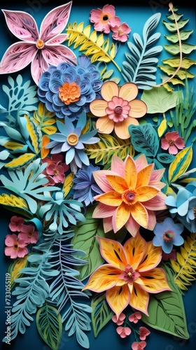 Vibrant and colorful paper flower and leaves composition. Pink  yellow and blue flowers with green leaves.