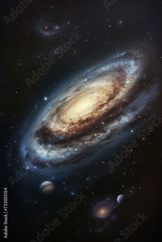 An illustration of a spiral galaxy with two planets in the foreground. photo