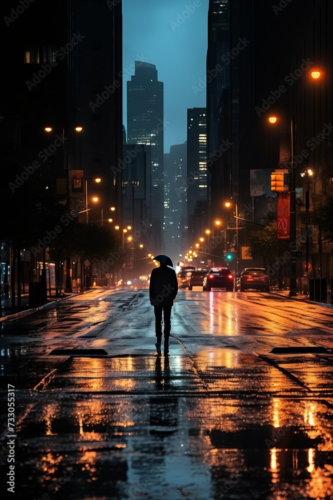 A lone figure stands in the middle of a rainy city street at night with cars passing by and the lights from the buildings and streetlights reflecting off the wet pavement