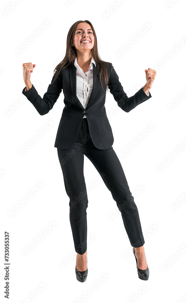 Triumphant businesswoman clenching fists in victory, isolated on white. Winning concept Triumphant businesswoman clenching fists in victory, isolated on white. Winning concept