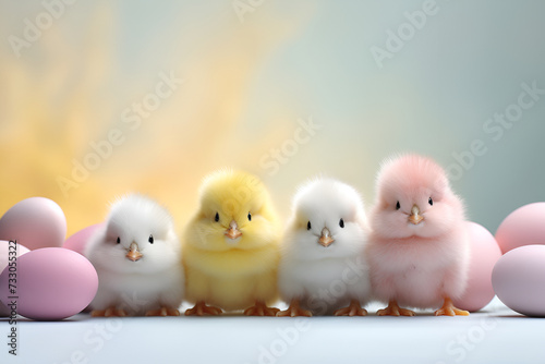 Easter card. Colorful chicks and painted eggs on pastel background. Copyspace