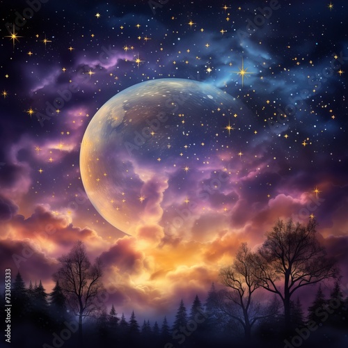 Fantasy landscape with a large moon and colorful sky