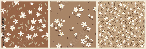 Seamless floral pattern, liberty ditsy print collection in natural brown, beige colors. Minimal botanical design: small hand drawn flowers, tiny leaves in an abstract composition. Vector illustration