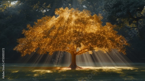 fantasy tree with golden leaves and glowing light rays shining through the branches