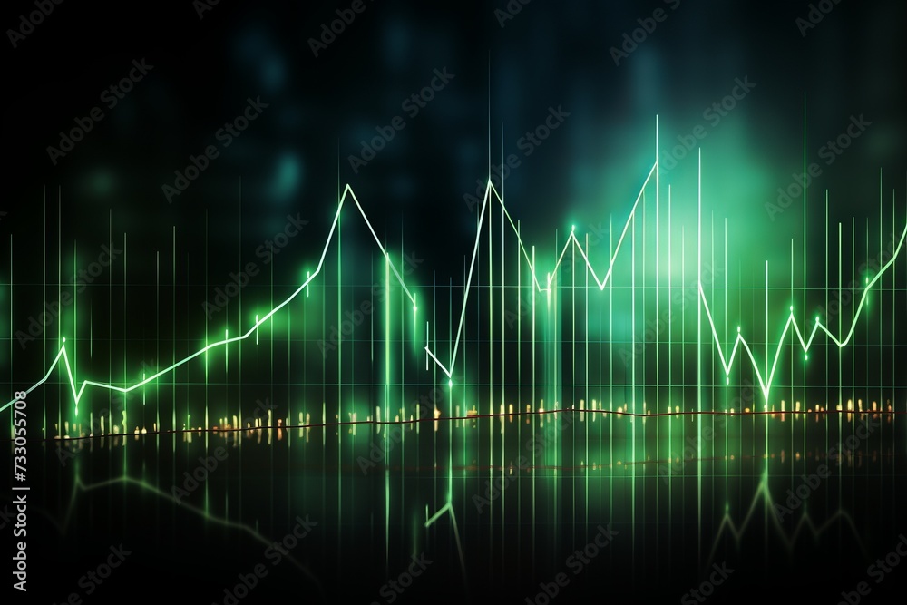 Green glowing stock market graph showing rise and fall of prices - obrazy, fototapety, plakaty 