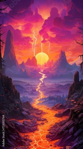 Fantasy landscape with a river of lava flowing through a valley between tall mountains under a stormy sky © Du