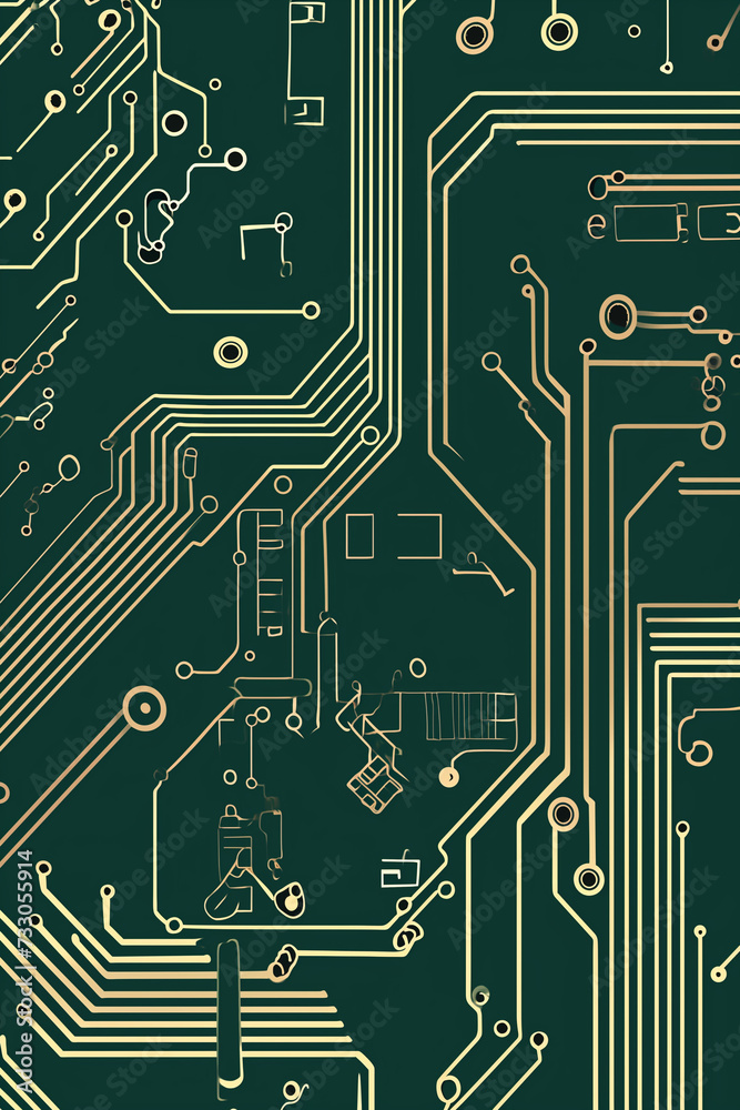 Intricate network of electronic components on a printed circuit board, vital for computer technology
