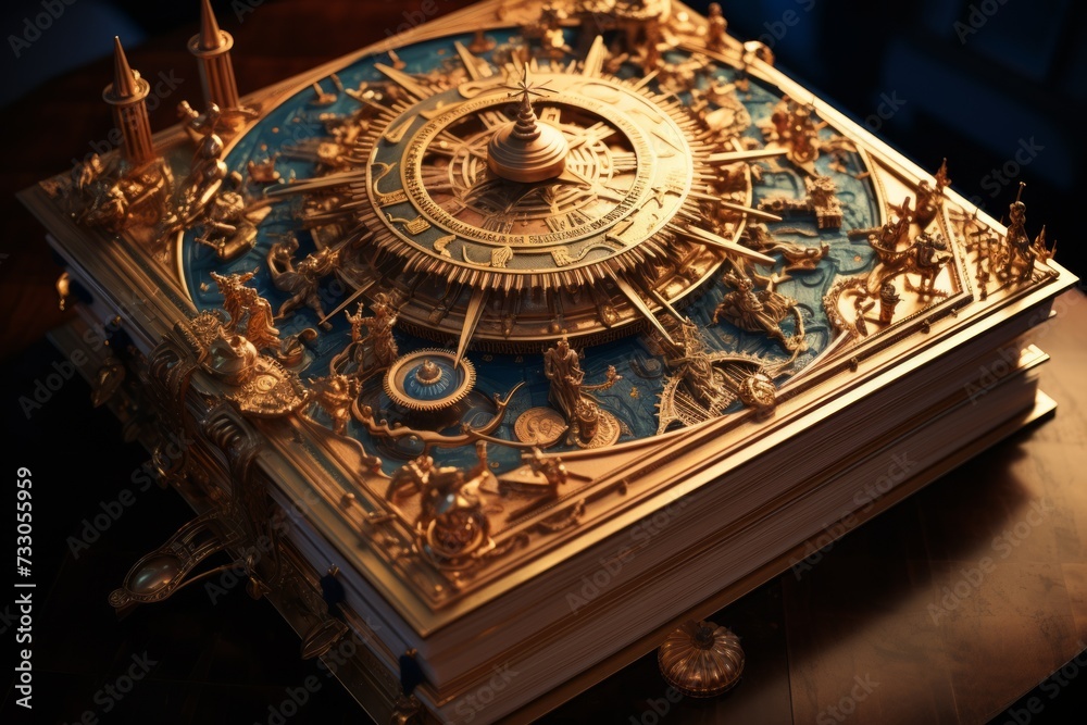 An illustration of an elaborate golden astrolabe with intricate carvings and a blue background.