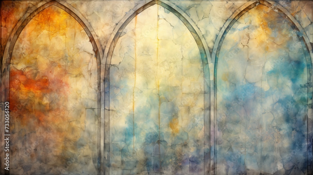 Colorful watercolor painting of a stone wall with three arched openings - obrazy, fototapety, plakaty 