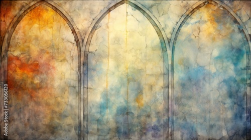 Colorful watercolor painting of a stone wall with three arched openings photo