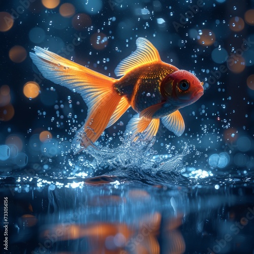 A goldfish gracefully jumps out of the water with a splash