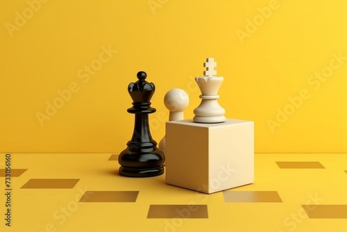 A pawn and king chess piece with a game cube on a yellow background. 3D render on the topic of business, work, and chess games. Generative AI photo