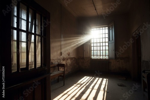 A prison cell with sunlight streaming in through a window. Generative AI