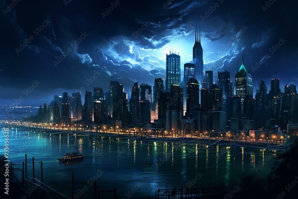 Illustration depicting Gotham city during nighttime. Generative AI