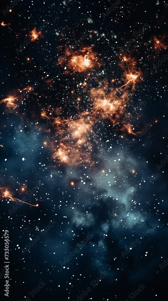 Interstellar space with glowing orange and blue nebula clouds