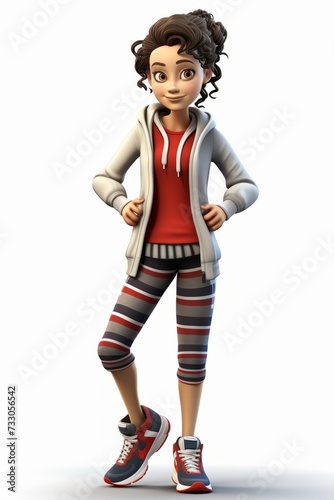 A young woman with brown hair and brown eyes wearing a red shirt, white zip-up hoodie, striped leggings, and blue and grey sneakers