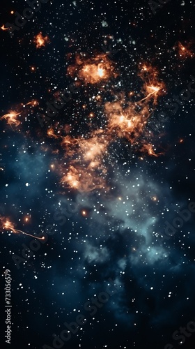 Interstellar space with glowing orange and blue nebula clouds