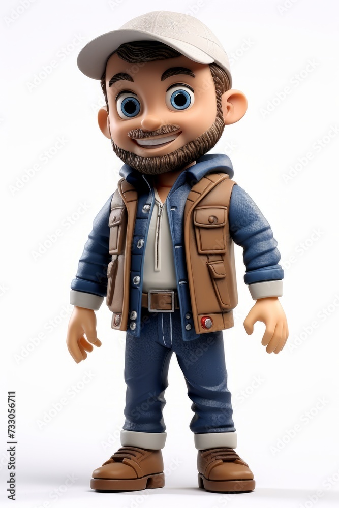 3D cartoon character of a man wearing a cap, blue vest, and jeans 3D cartoon character of a man wearing a cap, blue vest, and jeans