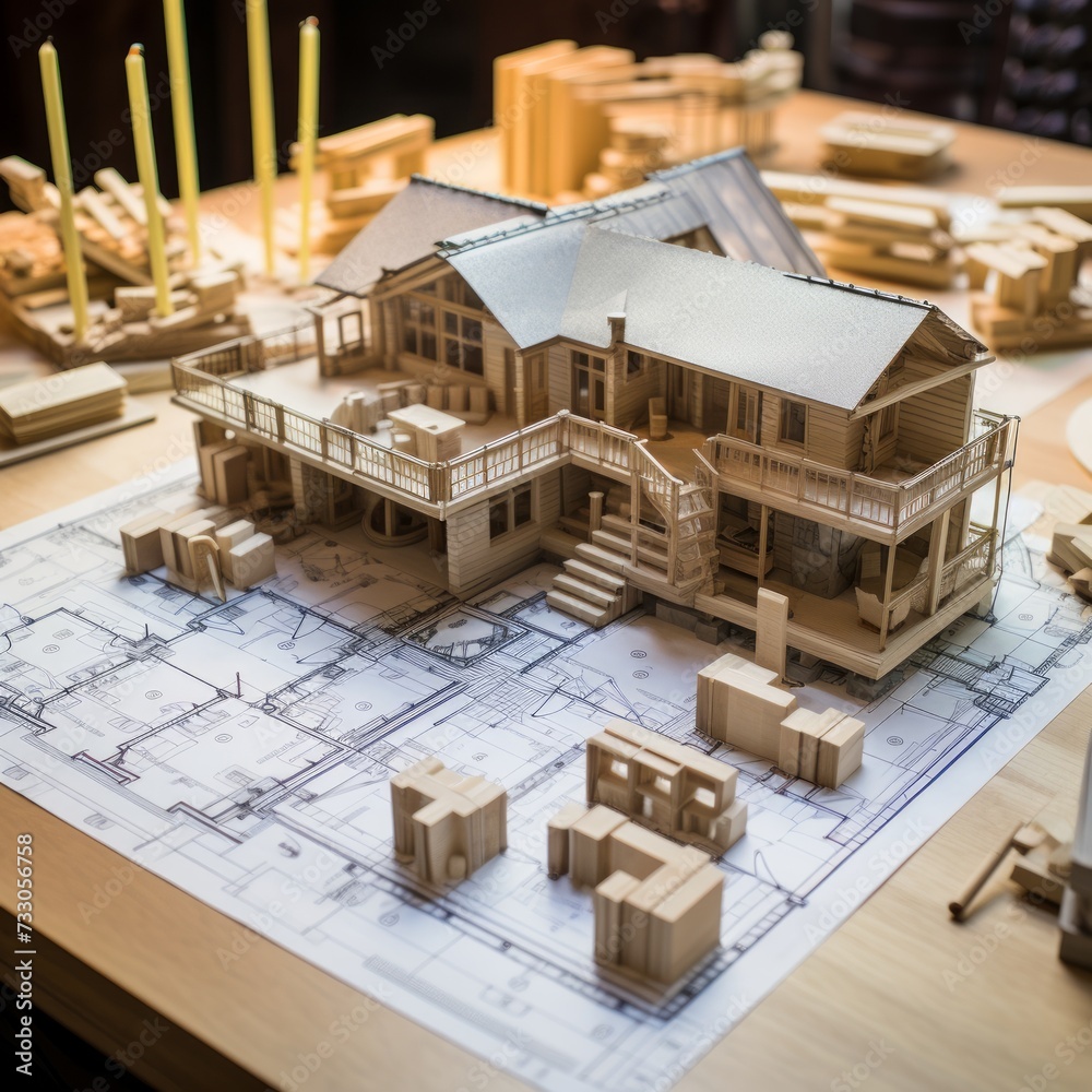A wooden model house sits on top of a set of blueprints A wooden model house sits on top of a set of blueprints