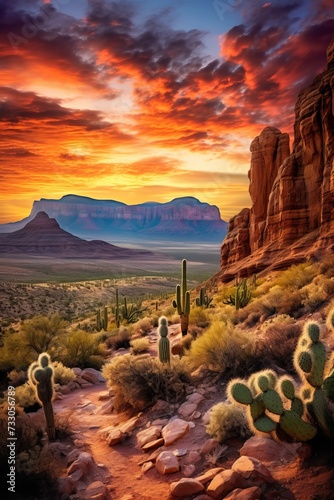 Desert landscape with cacti and mountains in the background photo