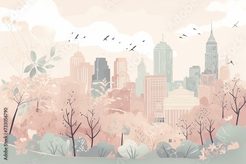 Peaceful illustration featuring the beautiful Boston cityscape in delicate pastel colors. Generative AI