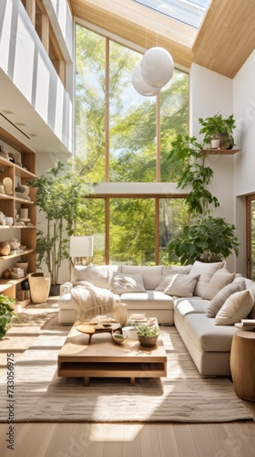 A bright and airy living room with a large windows and a high ceiling