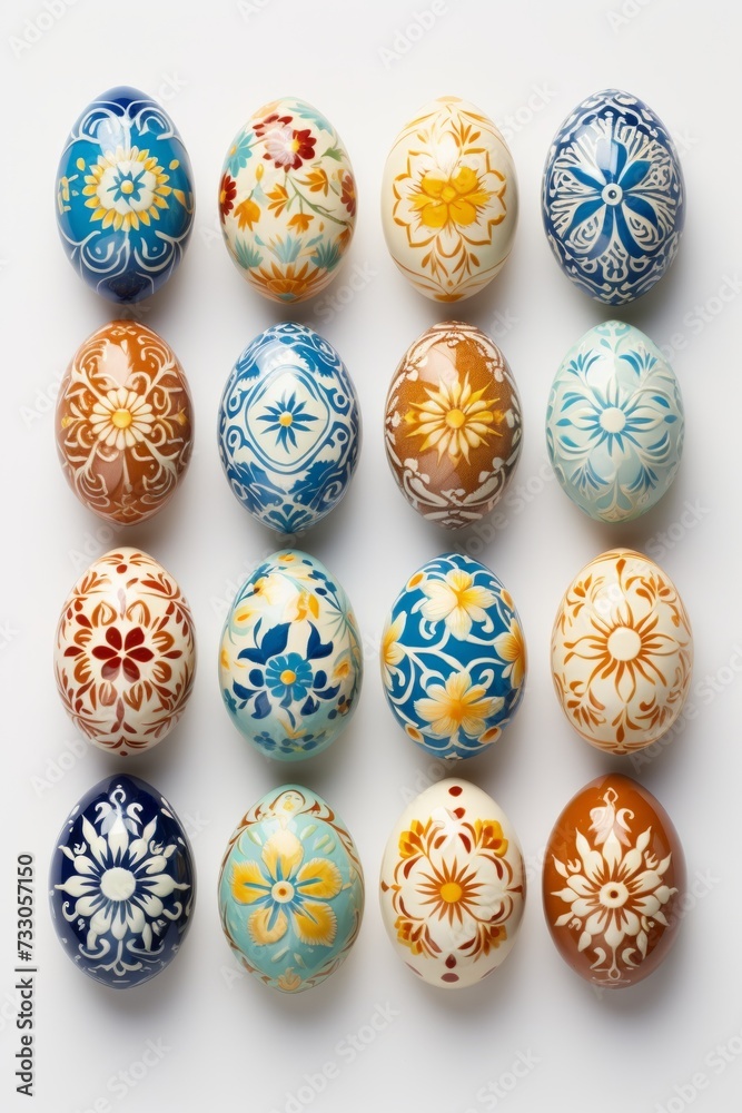 A variety of Easter eggs with intricate and colorful designs