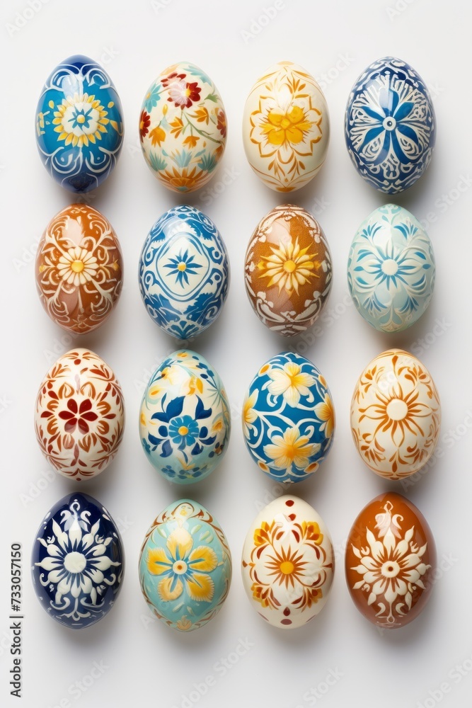 A variety of Easter eggs with intricate and colorful designs A variety of Easter eggs with intricate and colorful designs