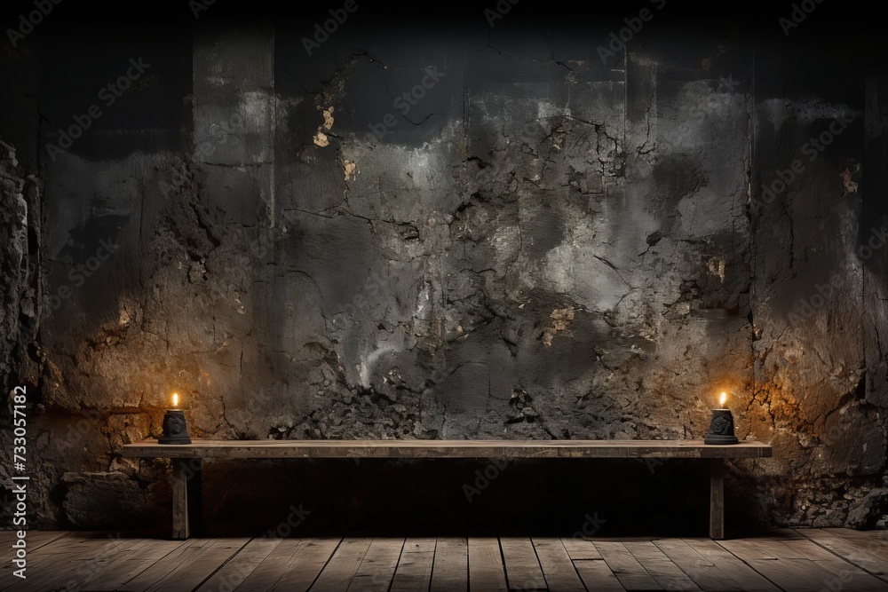 Two candles on a wooden table against a dark stone wall background