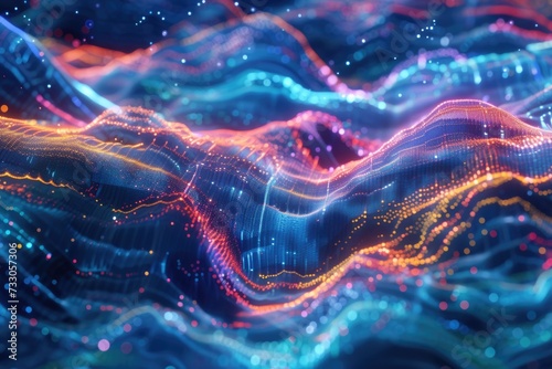Abstract Technology Waves in Digital Environment. Vivid abstract waves symbolize complex digital data streams in a visualization of advanced technology and business analytics.